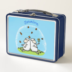 Cute sheep friends and butterflies cartoon metal lunch box
