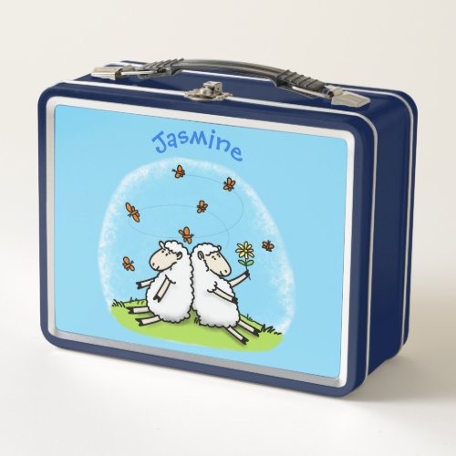 Cute sheep friends and butterflies cartoon metal lunch box