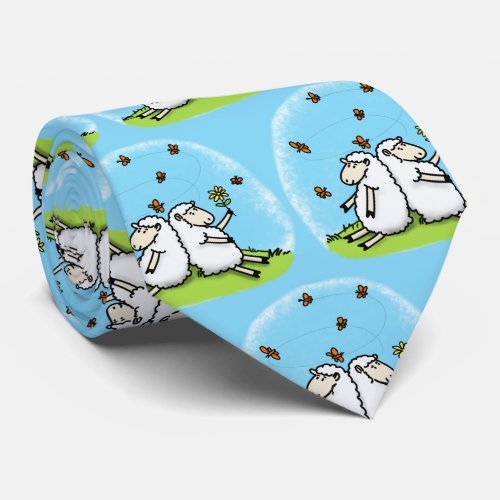 Cute sheep friends and butterflies cartoon neck tie