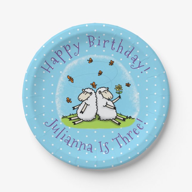 Cute sheep friends and butterflies cartoon paper plates (Front)