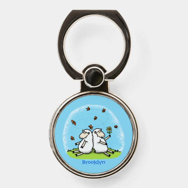 Cute sheep friends and butterflies cartoon phone ring stand (Front)