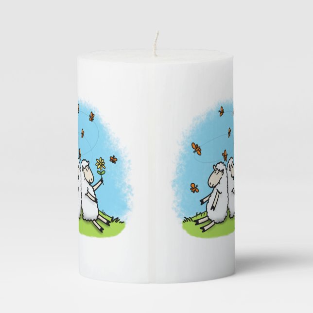Cute sheep friends and butterflies cartoon pillar candle (Back)