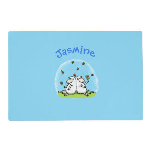 Cute sheep friends and butterflies cartoon placemat