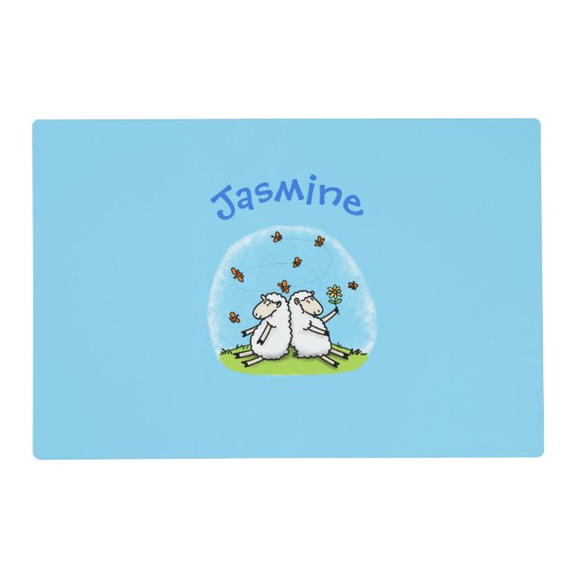 Cute sheep friends and butterflies cartoon placemat (Front)
