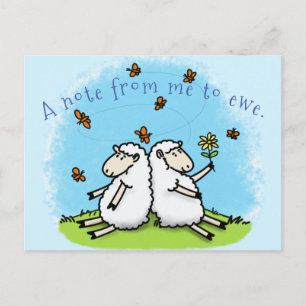 Cute sheep friends and butterflies cartoon postcard