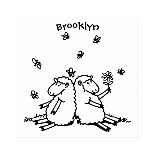 Cute sheep friends and butterflies cartoon rubber stamp