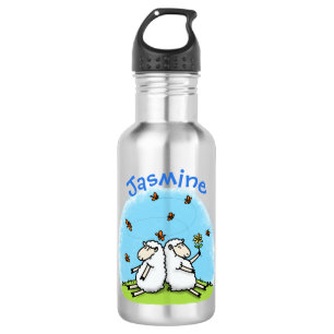 Cute sheep friends and butterflies cartoon stainless steel water bottle