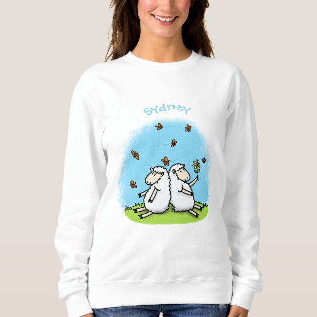 Cute sheep friends and butterflies cartoon sweatshirt (Front)