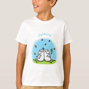 Cute sheep friends and butterflies cartoon T-Shirt