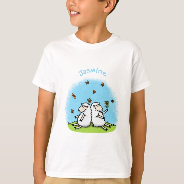 Cute sheep friends and butterflies cartoon T-Shirt (Front)