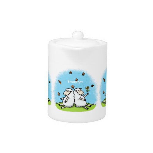 Cute sheep friends and butterflies cartoon teapot