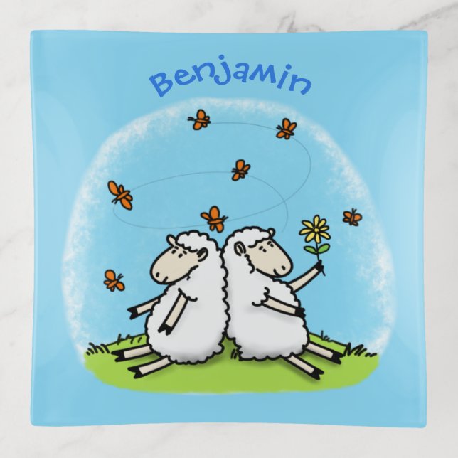 Cute sheep friends and butterflies cartoon trinket tray (Front)