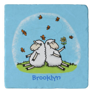 Cute sheep friends and butterflies cartoon trivet
