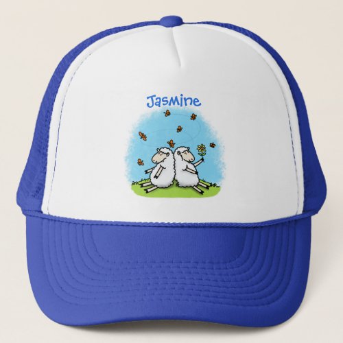 Cute sheep friends and butterflies cartoon trucker hat