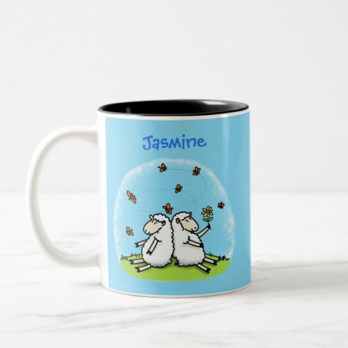Cute sheep friends and butterflies cartoon Two_Tone coffee mug