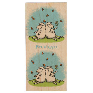 Cute sheep friends and butterflies cartoon wood flash drive