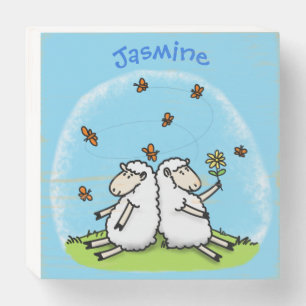 Cute sheep friends and butterflies cartoon wooden box sign