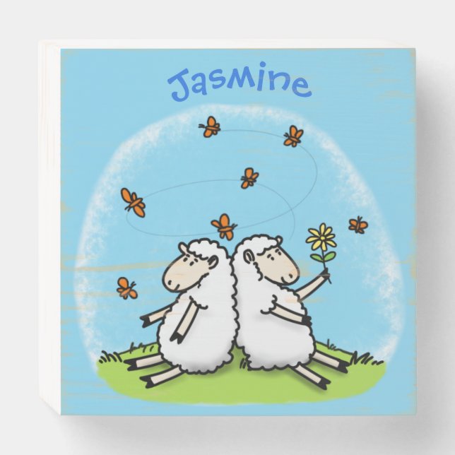 Cute sheep friends and butterflies cartoon wooden box sign (Front Horizontal)