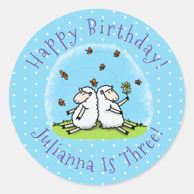 Cute sheep friends personalized cartoon birthday classic round sticker (Front)