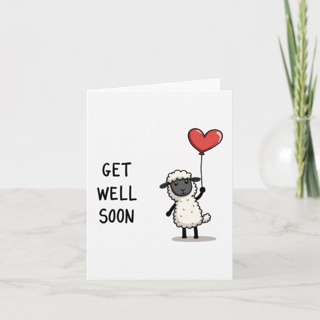 Cute Sheep Get Well Soon Card with Heart Balloon (Front)