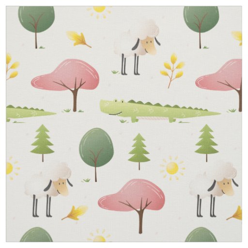 Cute Sheep green alligator and trees kids  nursery Fabric