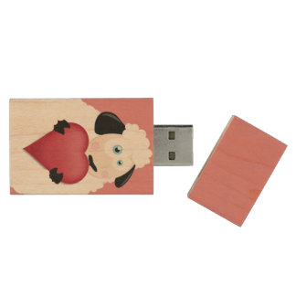 Cute Sheep Holding Love Heart Wood Flash Drive