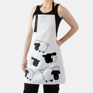 Cute Sheep Illustration Black And White Monogram Apron
