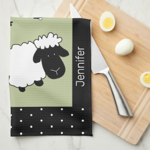 Cute Sheep Illustration Black, White, Sage Greeen Kitchen Towel
