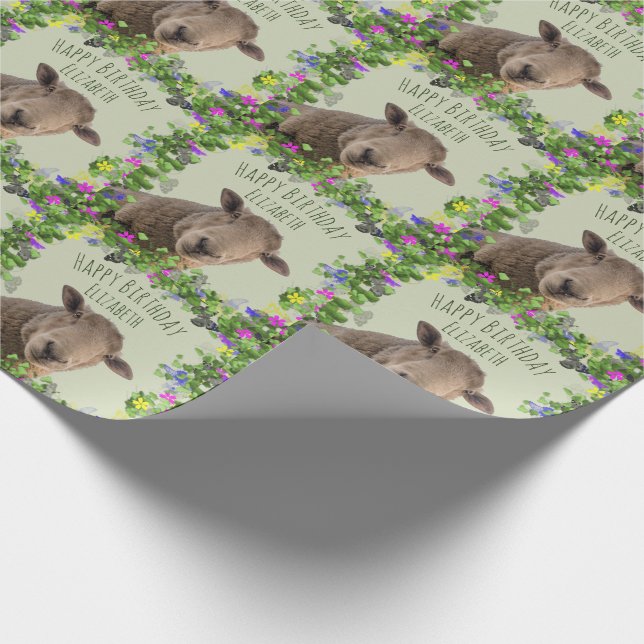 Cute Sheep in Floral Frame Personalized Wrapping Paper (Corner)