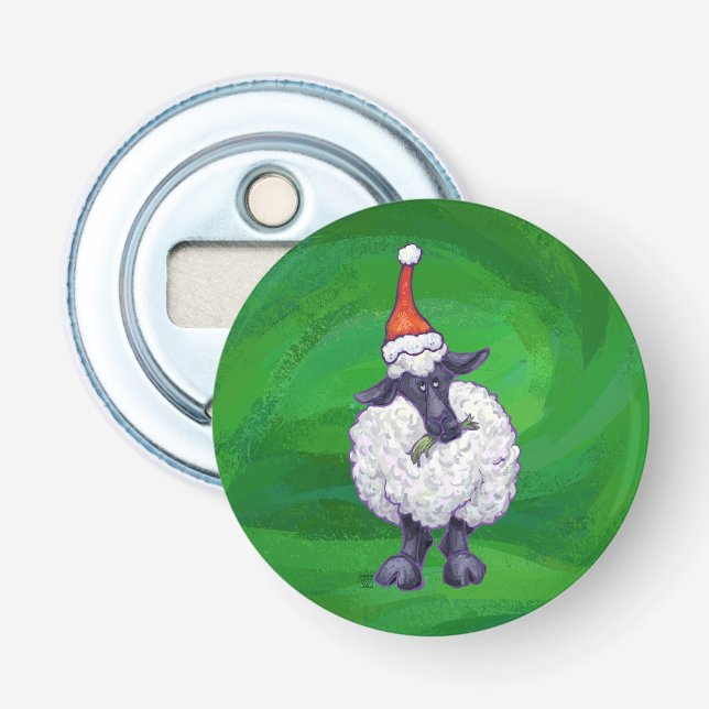 Cute Sheep in Santa Hat On Green Bottle Opener (Front)