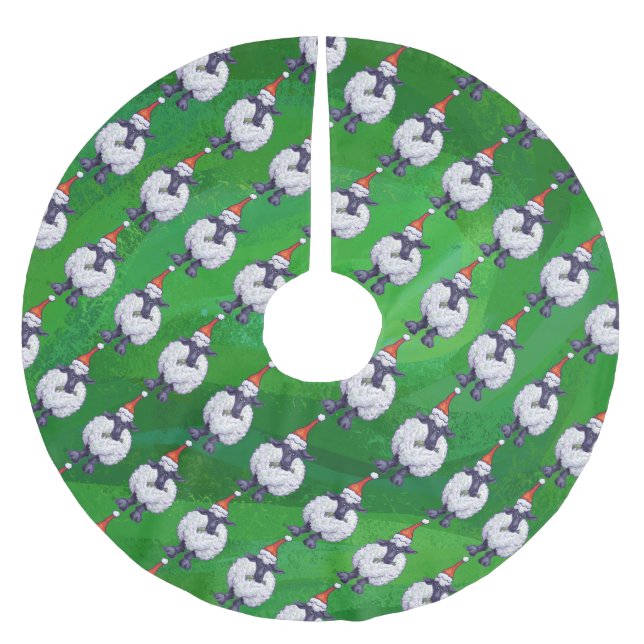 Cute Sheep in Santa Hat On Green Brushed Polyester Tree Skirt (Front)