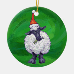 Cute Sheep in Santa Hat On Green Ceramic Ornament