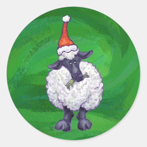 Cute Sheep in Santa Hat On Green Classic Round Sticker
