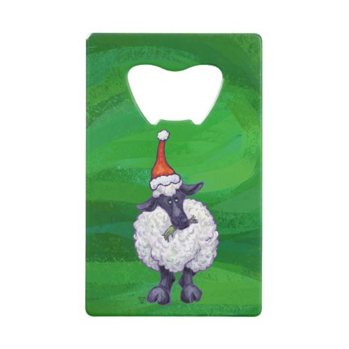 Cute Sheep in Santa Hat On Green Credit Card Bottle Opener