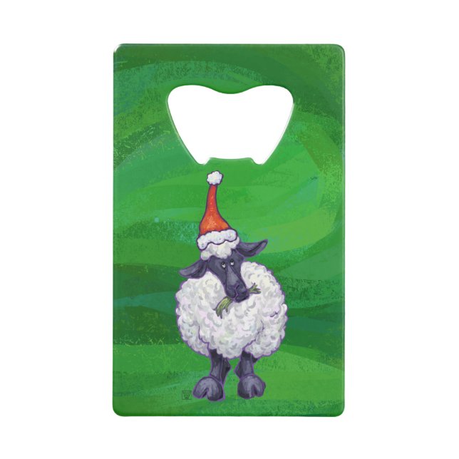 Cute Sheep in Santa Hat On Green Credit Card Bottle Opener (Front)