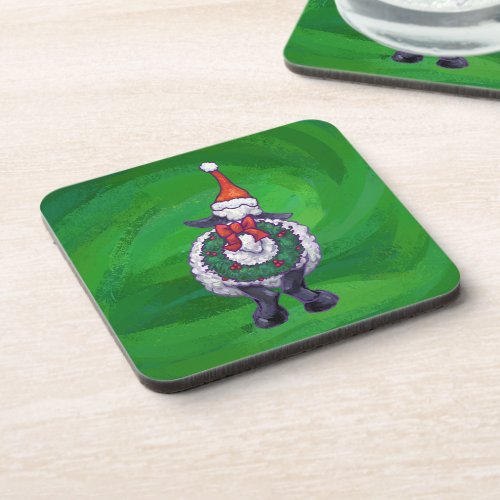 Cute Sheep in Santa Hat On Green Drink Coaster