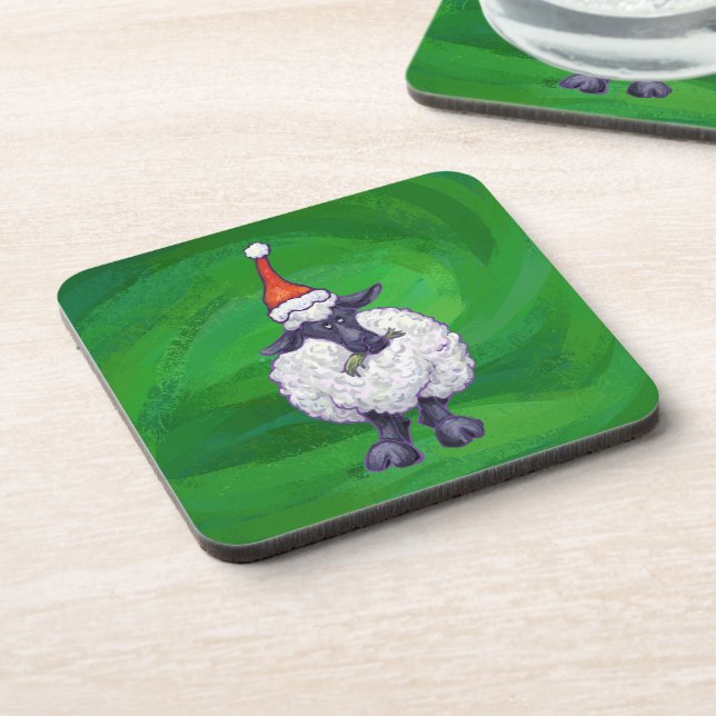 Cute Sheep in Santa Hat On Green Drink Coaster (Left Side)