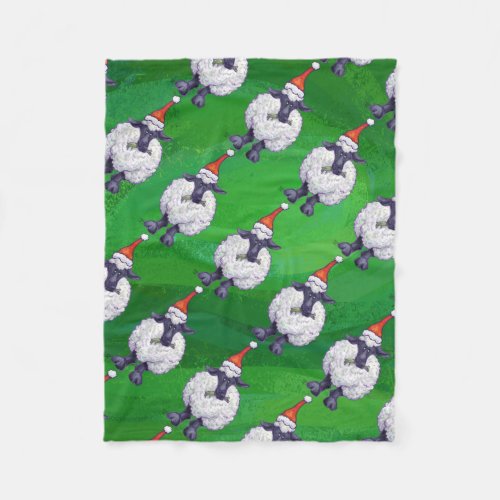 Cute Sheep in Santa Hat On Green Fleece Blanket