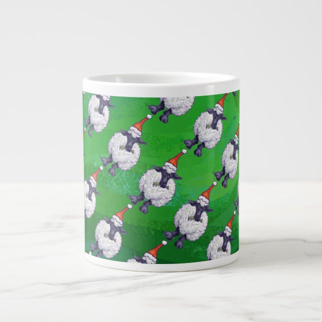 Cute Sheep in Santa Hat On Green Giant Coffee Mug (Front)