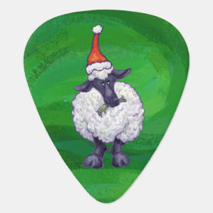 Cute Sheep in Santa Hat On Green Guitar Pick