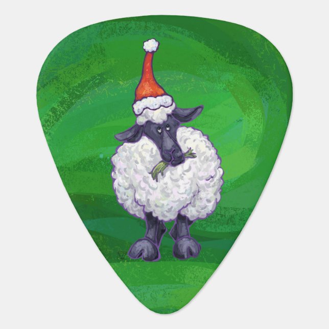 Cute Sheep in Santa Hat On Green Guitar Pick (Front)