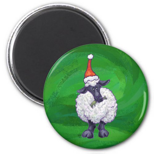 Cute Sheep in Santa Hat On Green Magnet