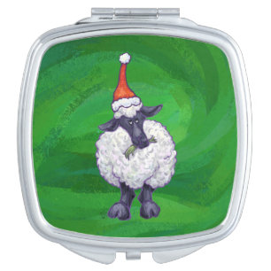 Cute Sheep in Santa Hat On Green Mirror For Makeup
