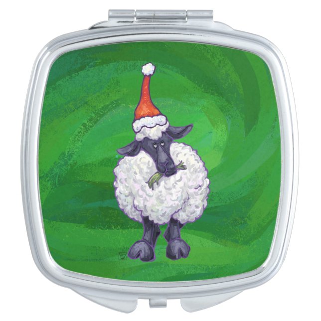 Cute Sheep in Santa Hat On Green Mirror For Makeup (Front)