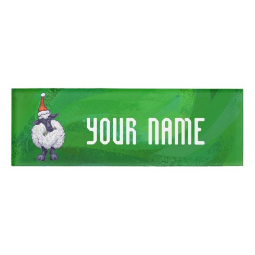 Cute Sheep in Santa Hat On Green Name Tag