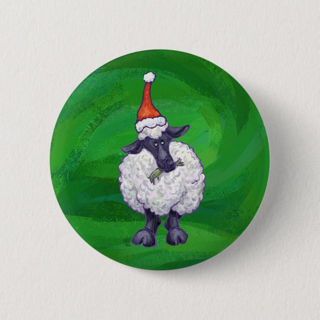Cute Sheep in Santa Hat On Green Pinback Button (Front)