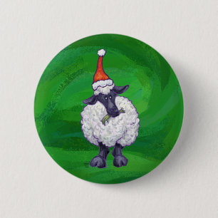 Cute Sheep in Santa Hat On Green Pinback Button