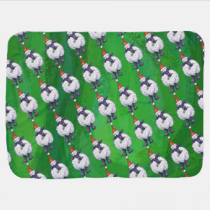 Cute Sheep in Santa Hat On Green Receiving Blanket