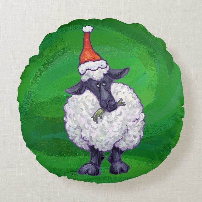 Cute Sheep in Santa Hat On Green Round Pillow (Front)