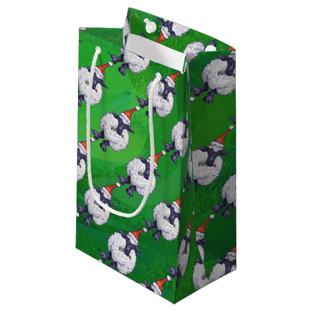 Cute Sheep in Santa Hat On Green Small Gift Bag (Front Angled)